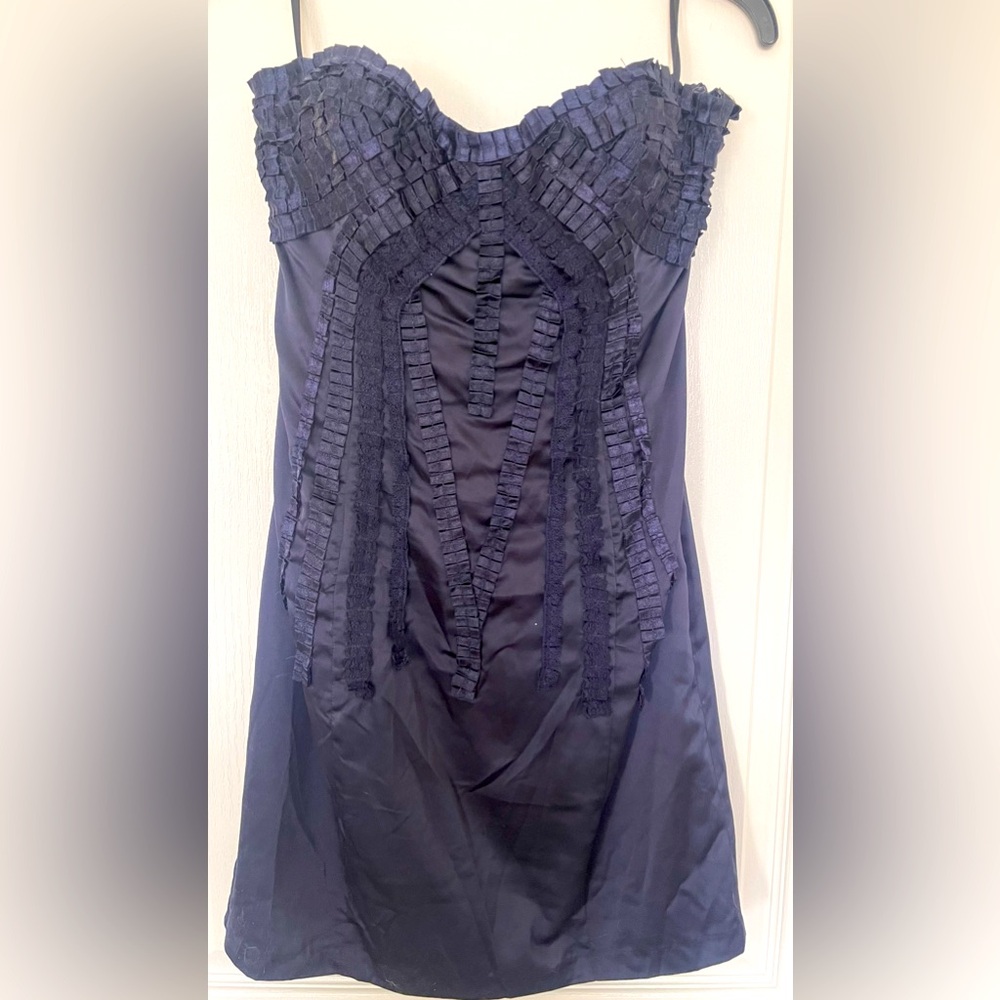 Gently worn Bebe navy silk dress with gorgeous detailing